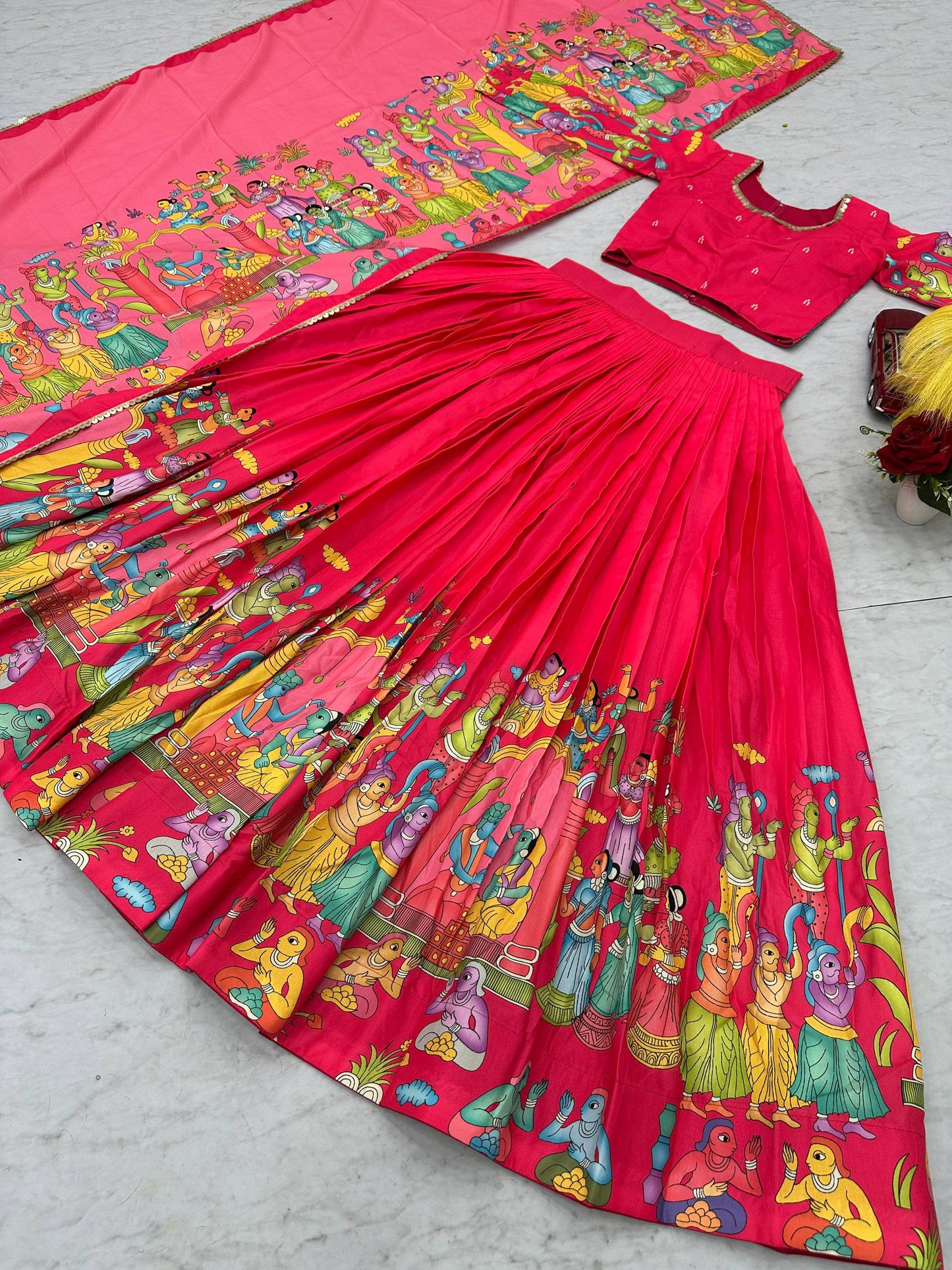 Florescent Pink Festive Kalamkari Lehenga Choli