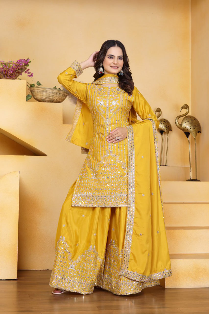 Designer Embroidered Natural Crep Sharara Suit