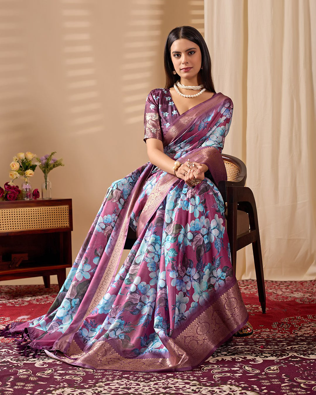 Soft Lichi Silk Saree Beautifully Enhanced With Large Blooming Floral Prints