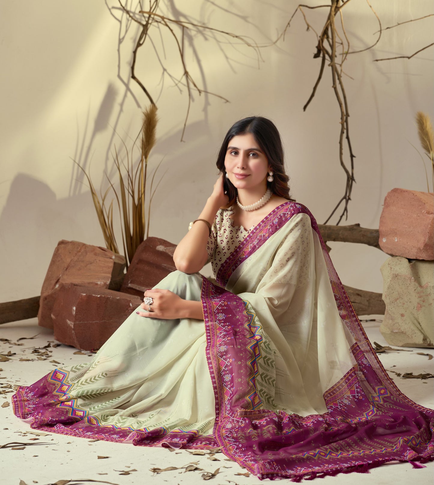 Soft Georgette Saree With Artistic Cream Body and Tassel Detailing