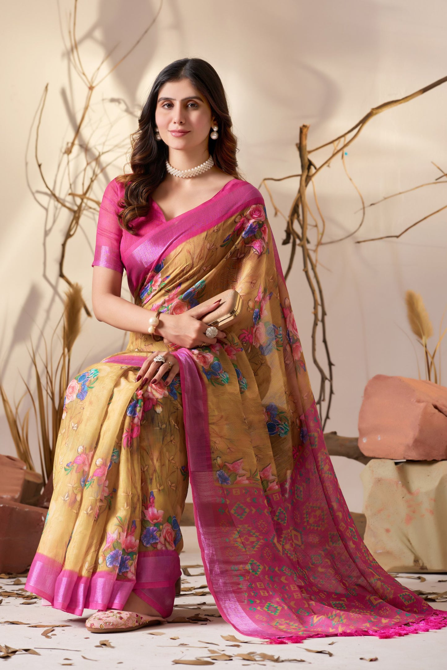 Graceful Digital Floral Print & Rich Patola Inspired Premium Linen Cotton Saree