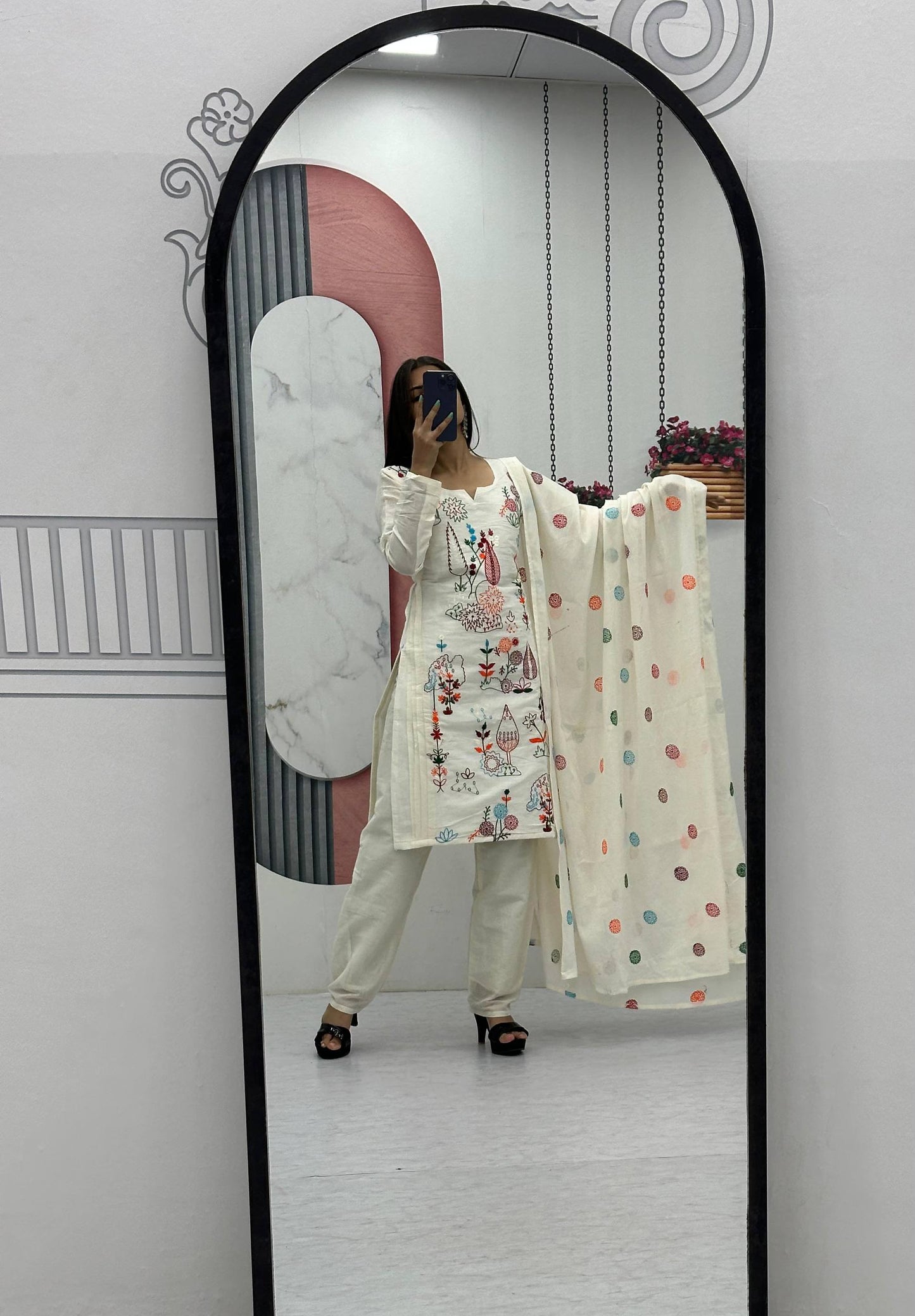 White Embroidered Party Wear Kurti Pant Pair