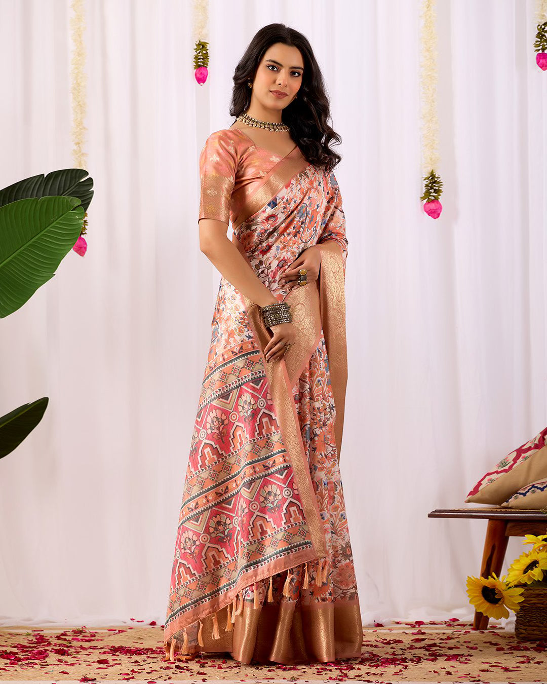 Premium Beige Floral Soft Silk Saree