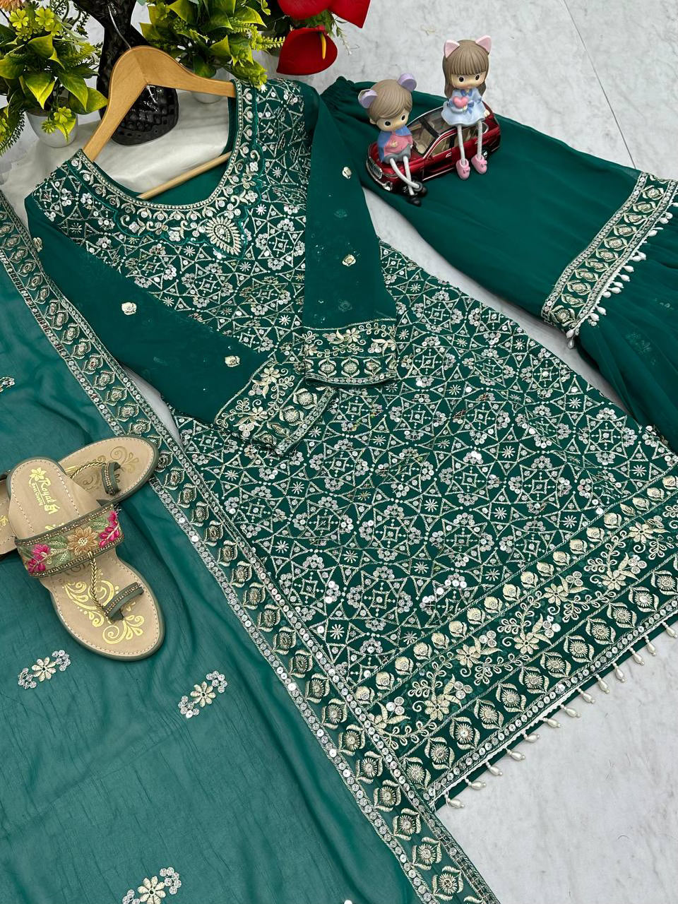 Aqua Green Designer Party Wear Tunic Sharara & Dupatta Set