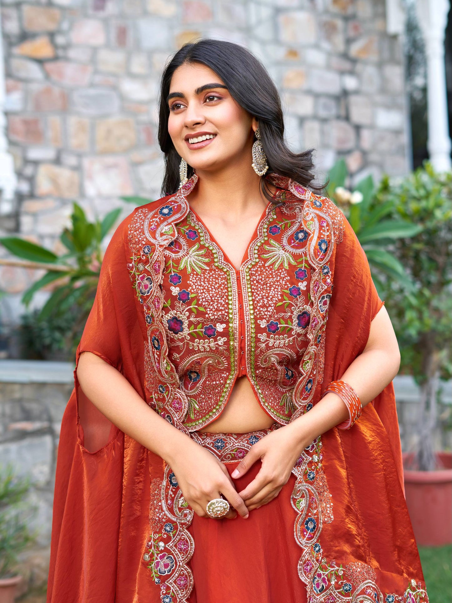 Rust Orange Silk Thread Work Lehenga Set