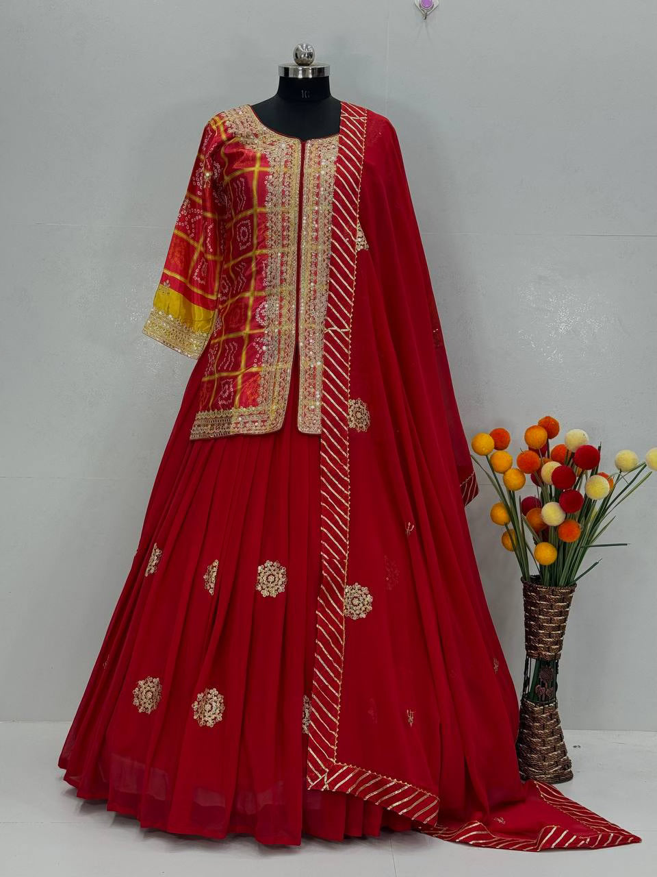 RED DESIGNER WEAR  HEAVY CHINON EMBROIDERY CODING SEQUENCE WORK TOP WITH LEHENGA