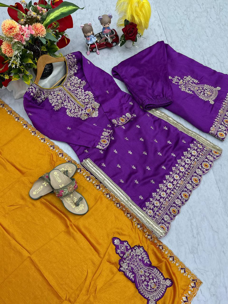Purple Heavy Embroidered  Silk Top Palazzo & Dupatta Set