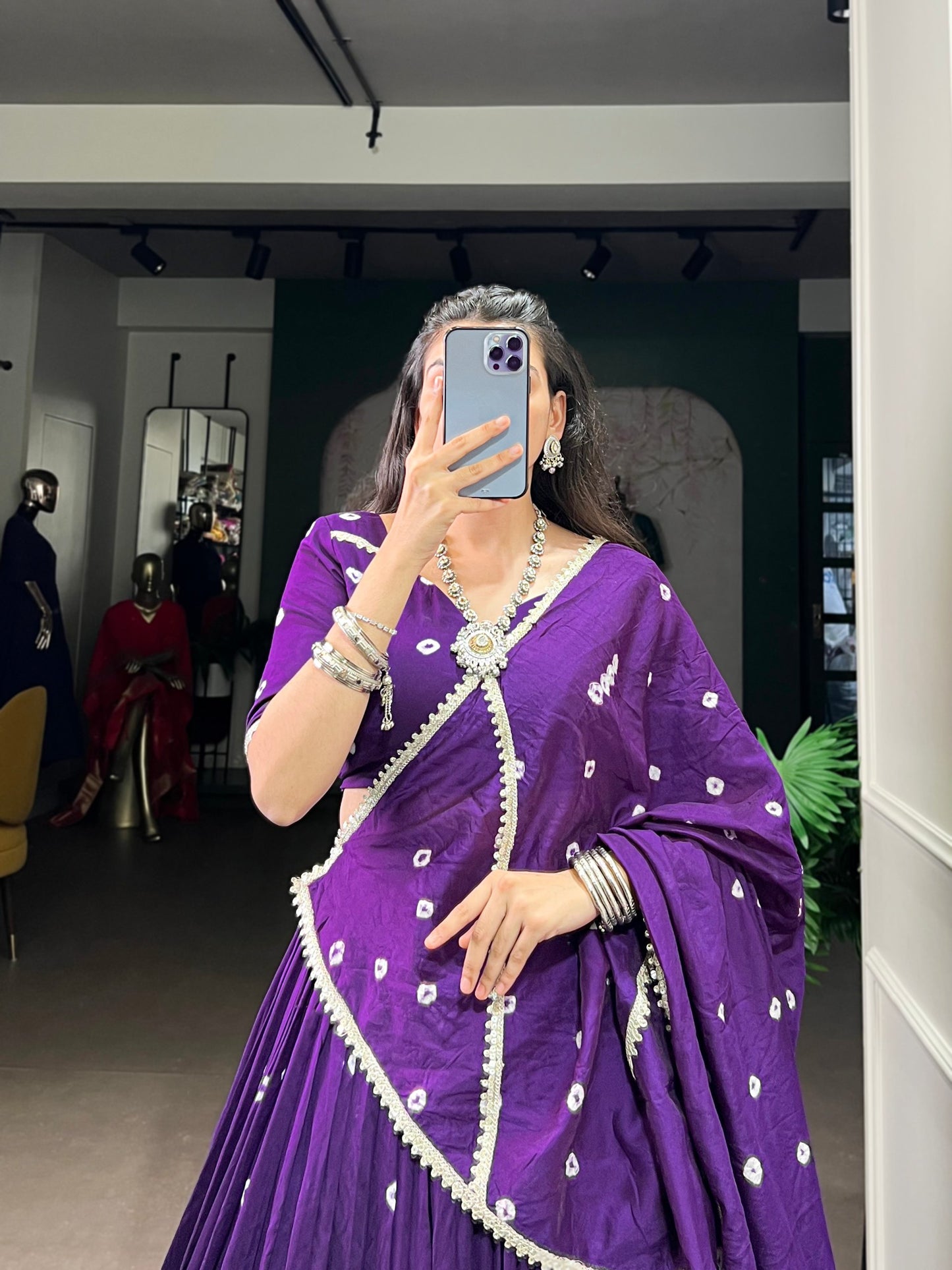 Purple Pure Chanderi Bandhej Print Lehenga Choli