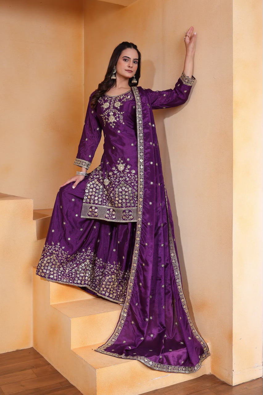Designer Embroidered Chinon Sharara Suit With Sequence Embroidered Work