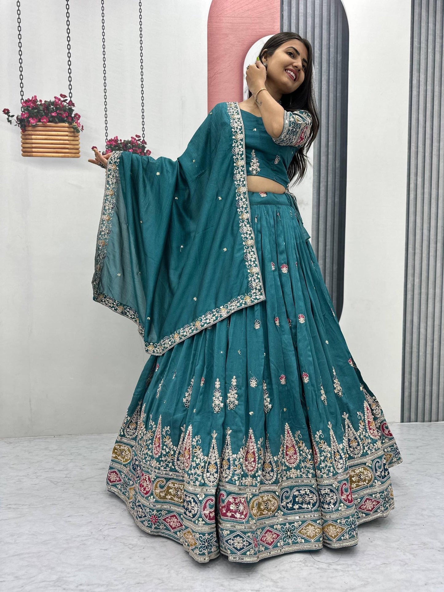 Festive Turquoise Silk Lehenga Choli with Dupatta