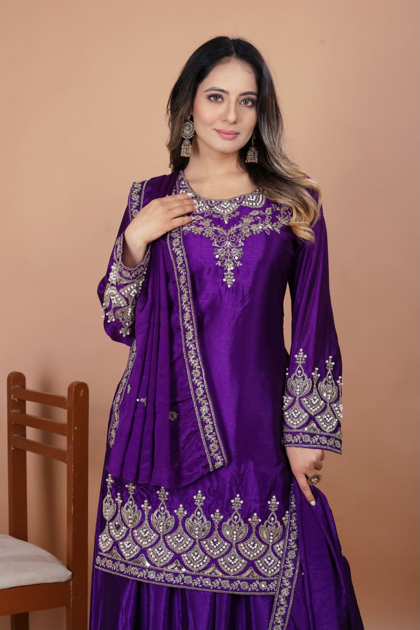 Designer Embroidered Chinon Sharara Suit With Coding Sequence Embroidered Work And Rivet Moti Work