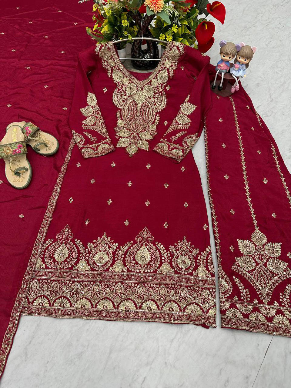 Designer Party Wear Palazzo & Dupatta Set in Deep Red