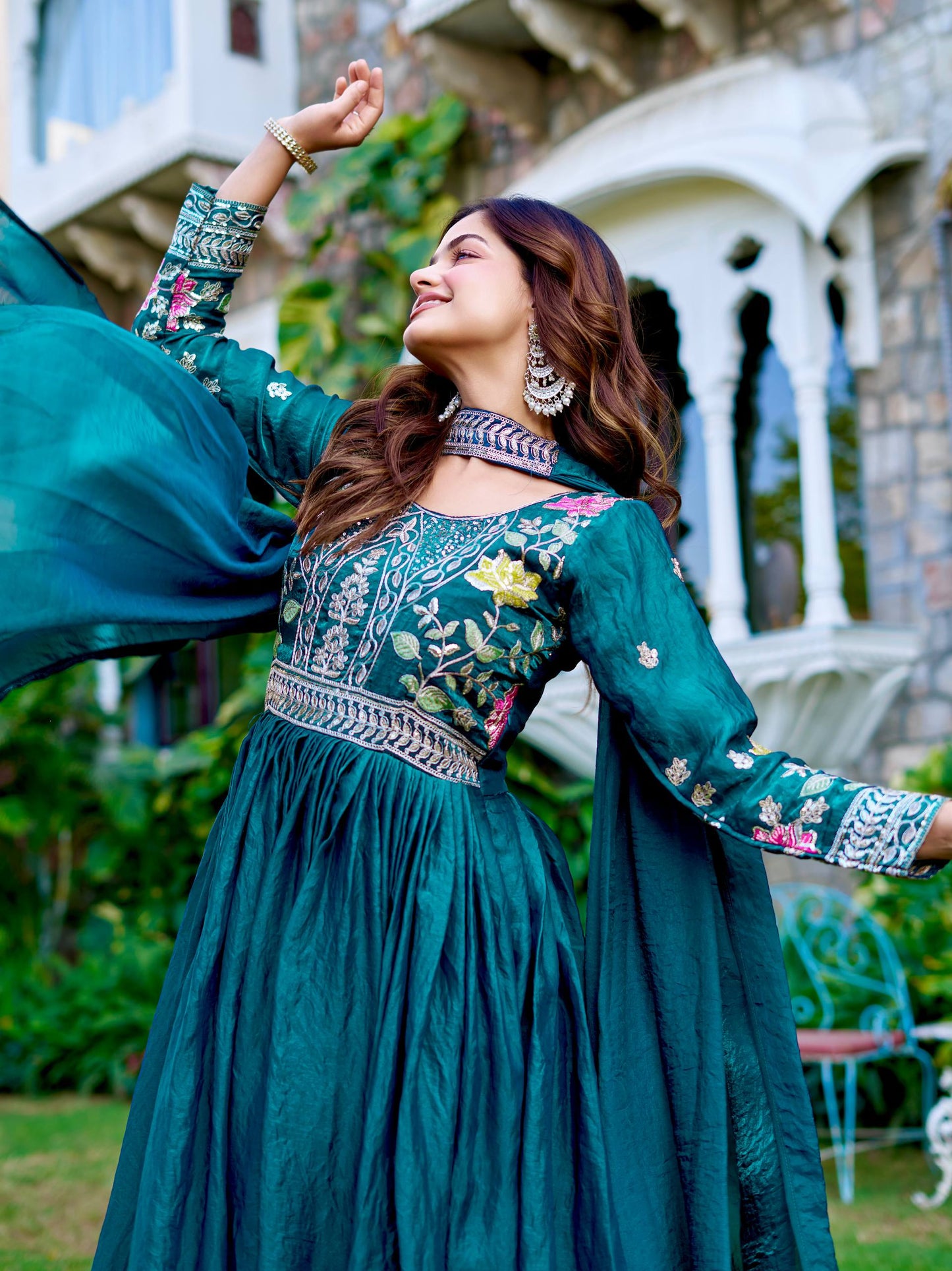 Turquoise Color Heavy Thread Work Silk Gown with Dupatta