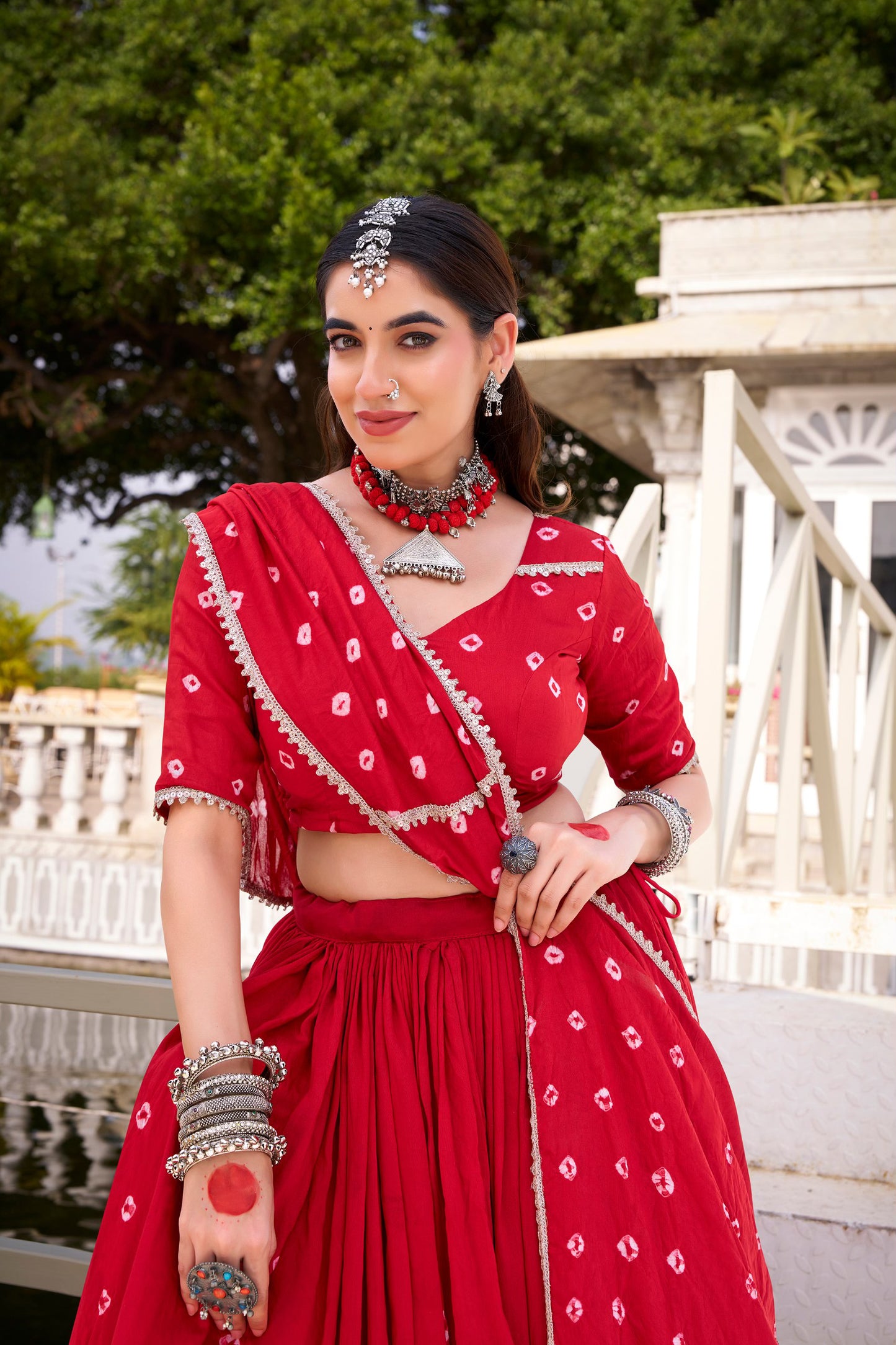 Red Pure Chanderi Bandhej Print Lehenga Choli