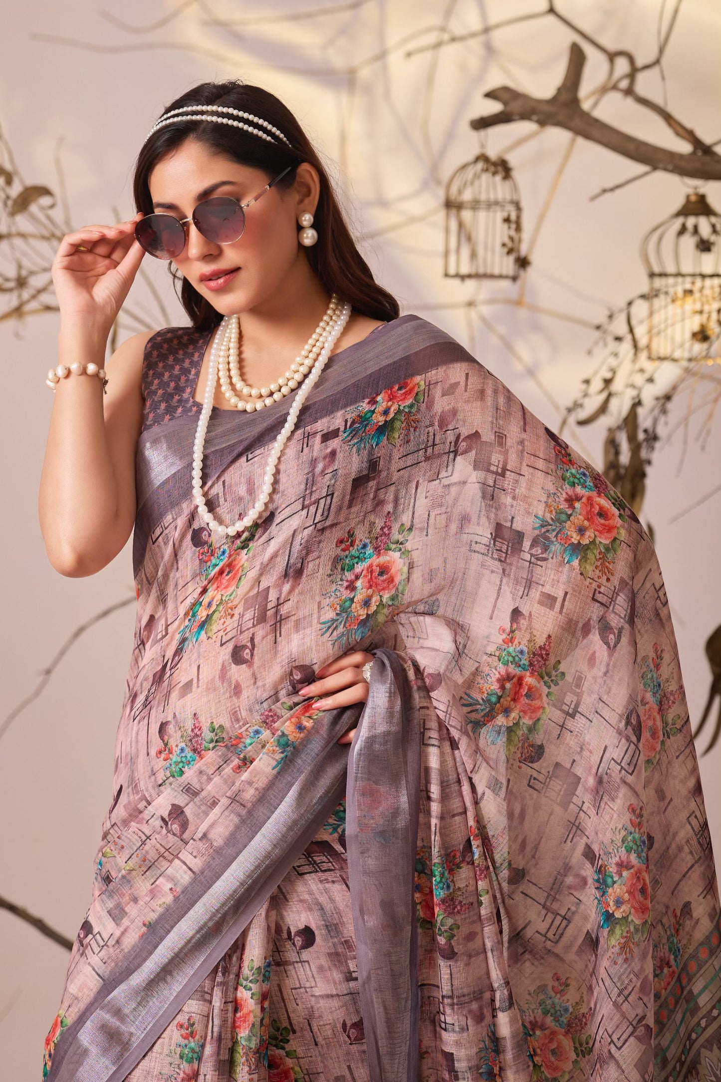 Elegant Digital Floral & Geometric Print Premium Linen Cotton Saree