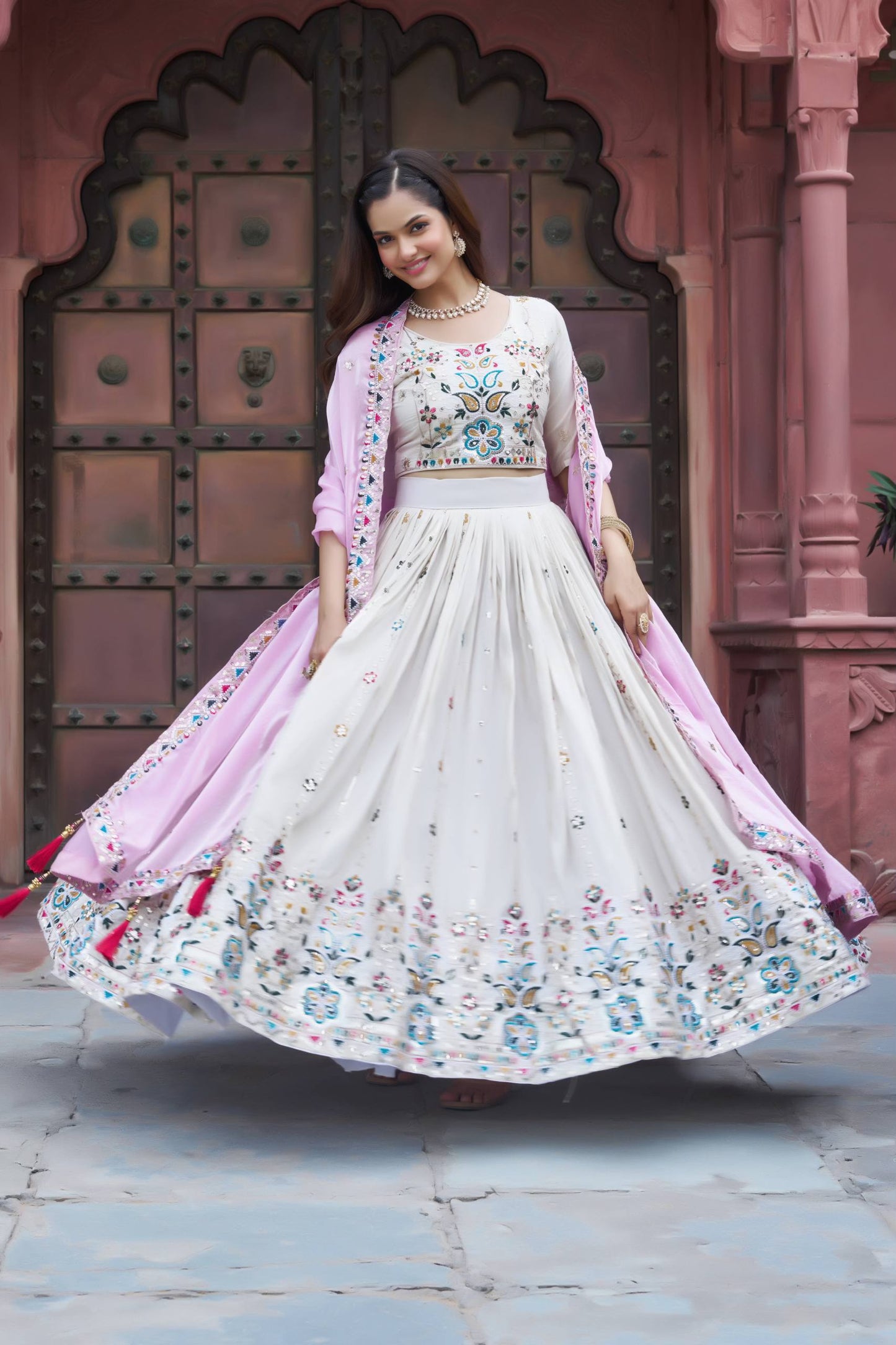 Festive Pure Tissue Silk Lehenga Choli with Light Pink Dupatta