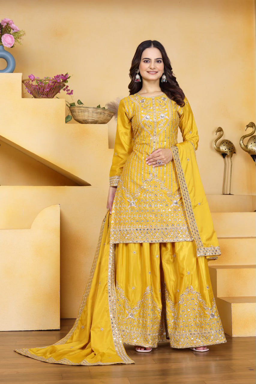 Designer Embroidered Natural Crep Sharara Suit