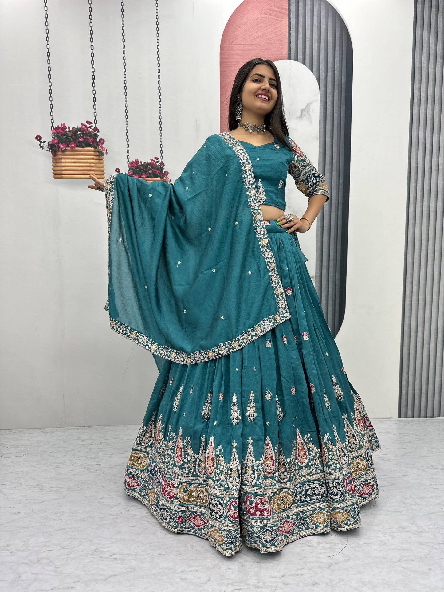 Festive Turquoise Silk Lehenga Choli with Dupatta