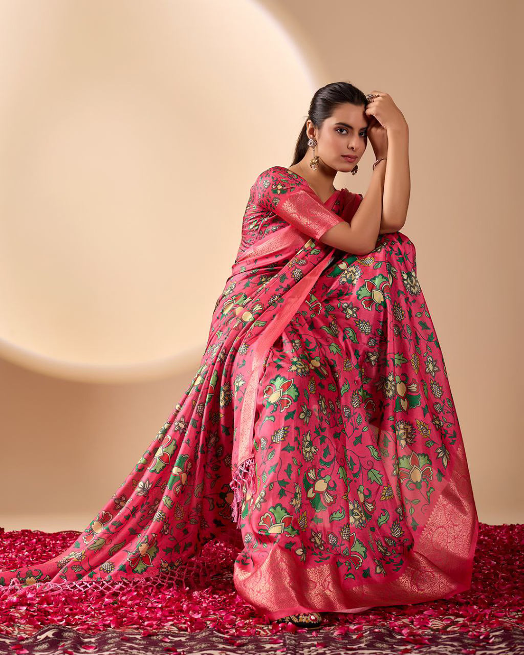 Pink Lichi Silk saree with Floral Patterns