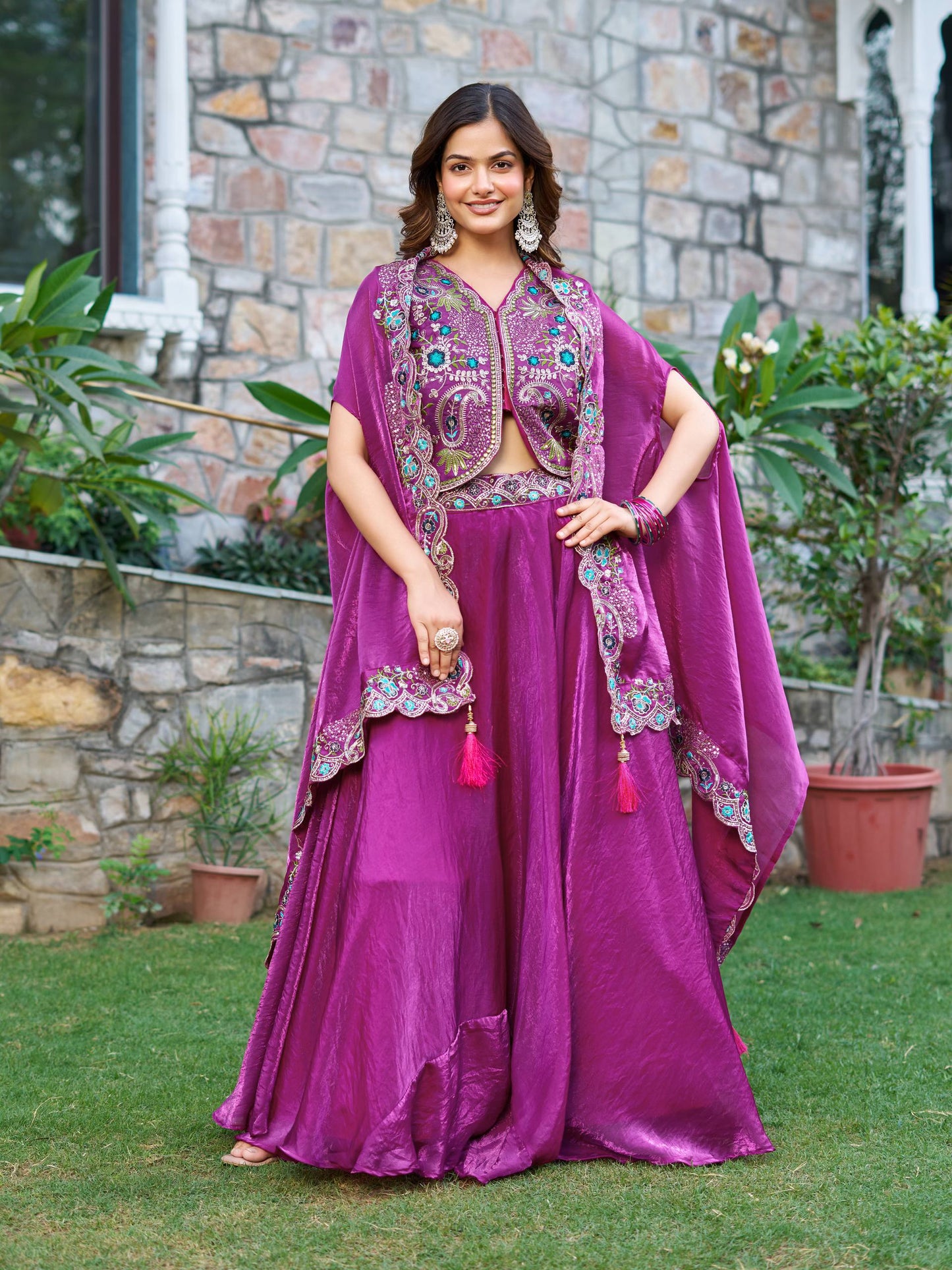 Pure Fendy Silk Lehenga Set in Wine Color