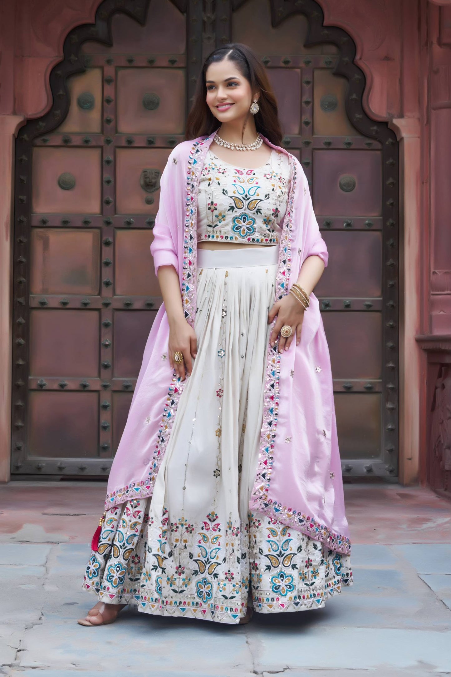 Festive Pure Tissue Silk Lehenga Choli with Light Pink Dupatta