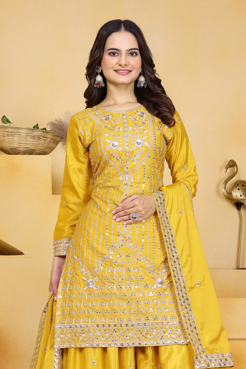 Designer Embroidered Natural Crep Sharara Suit