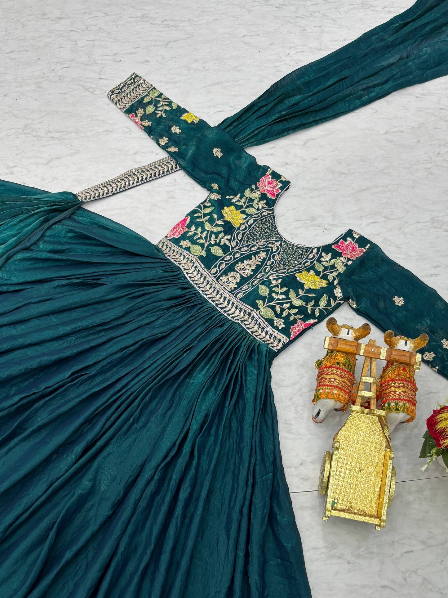 Turquoise Color Heavy Thread Work Silk Gown with Dupatta