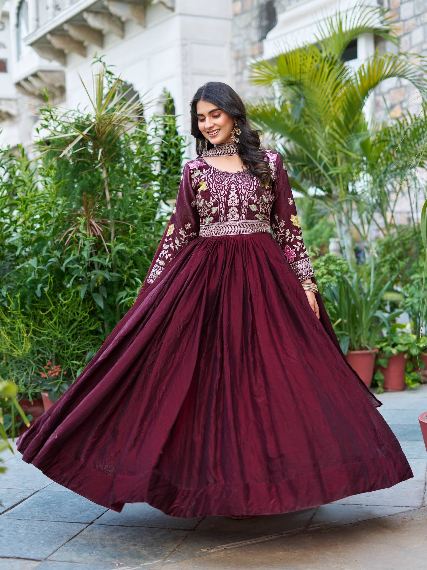 Maroon Silk Festive Long Gown & Dupatta