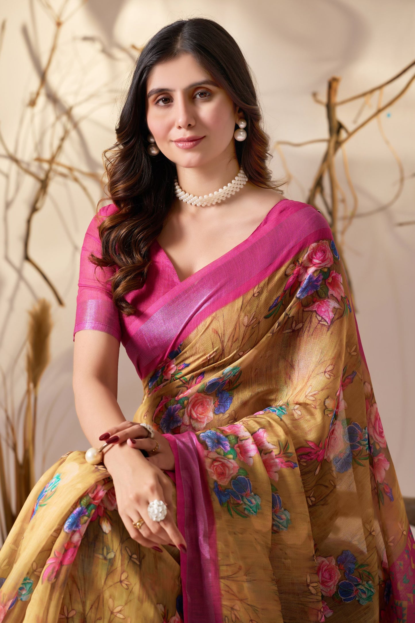 Graceful Digital Floral Print & Rich Patola Inspired Premium Linen Cotton Saree