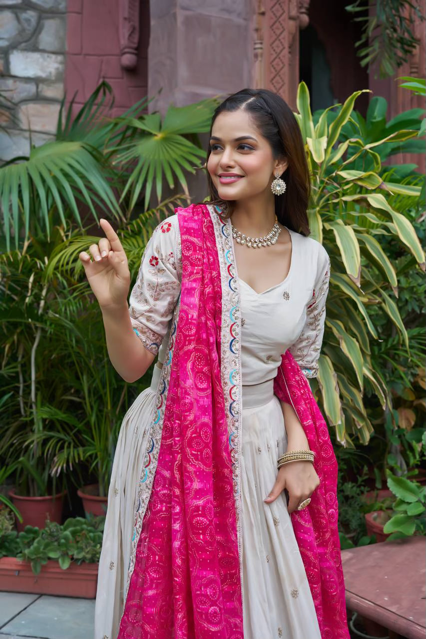 Heavy Embroidered Ivory Tissue Silk Lehenga with Pink Dupatta