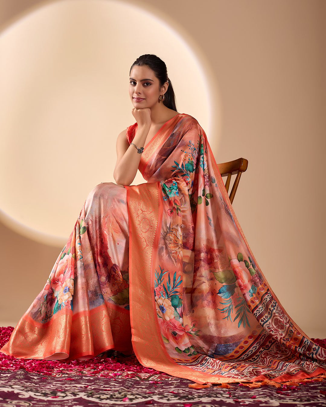 Soft Lichi Silk Saree Adorned With Elegant Floral Patterns