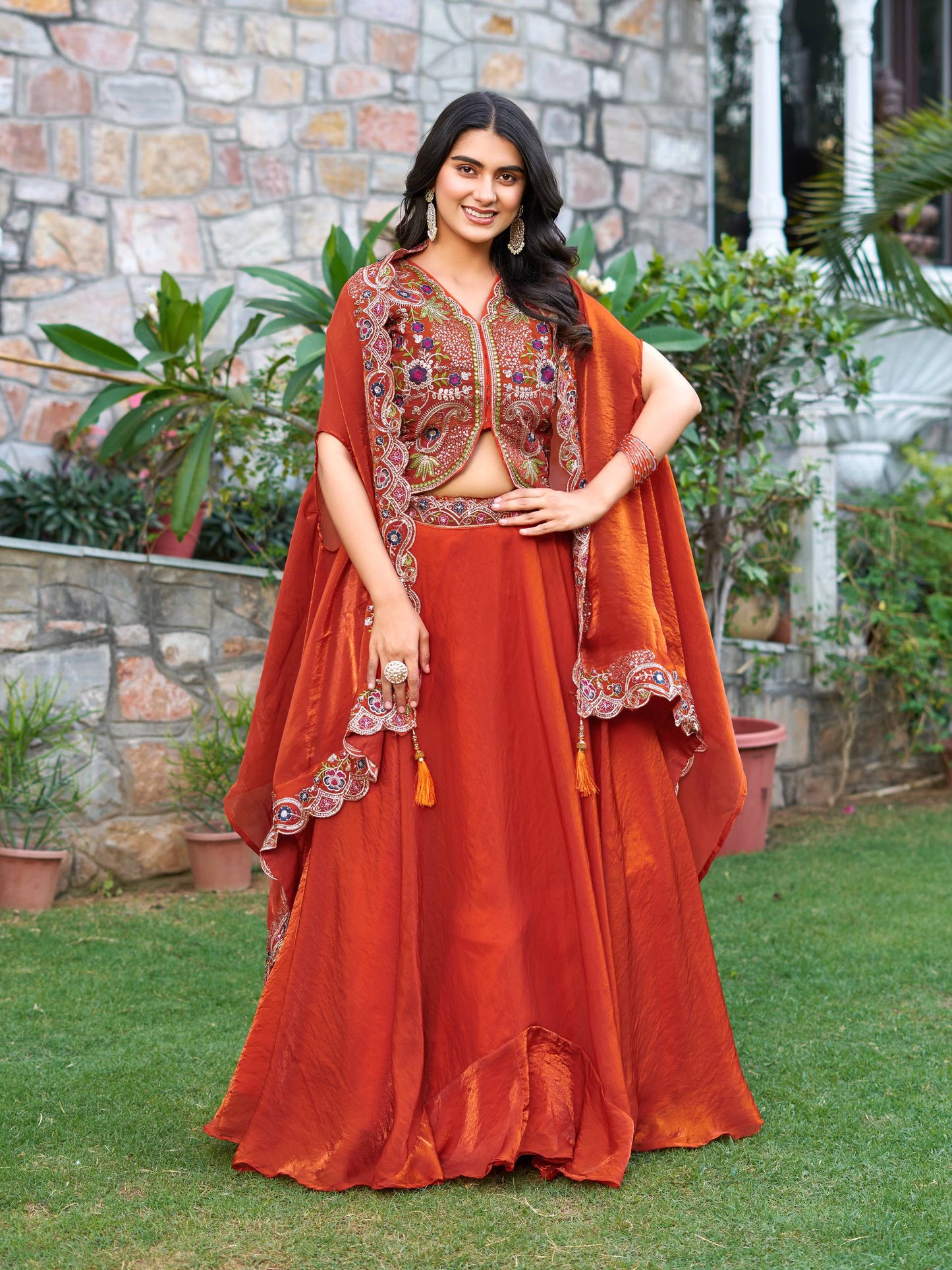 Rust Orange Silk Thread Work Lehenga Set