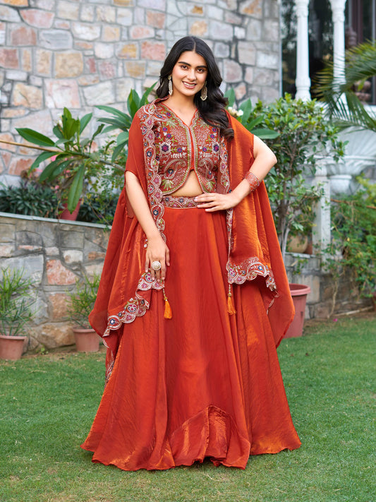 Rust Orange Silk Thread Work Lehenga Set