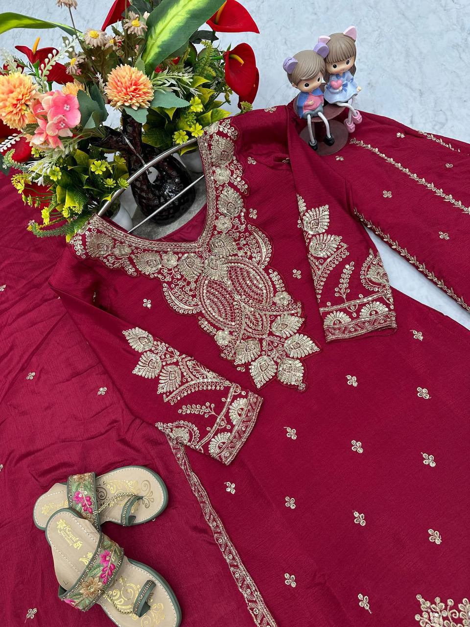 Designer Party Wear Palazzo & Dupatta Set in Deep Red