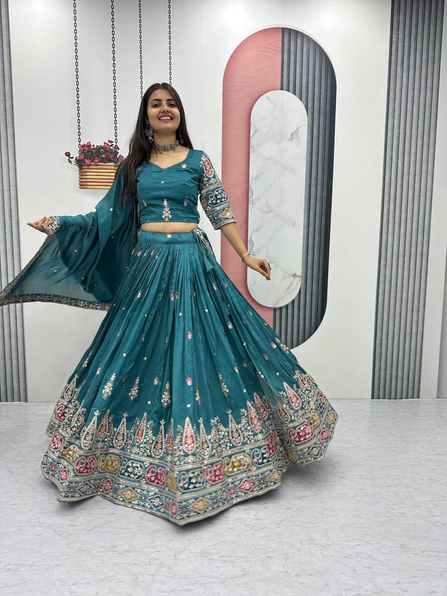 Festive Turquoise Silk Lehenga Choli with Dupatta