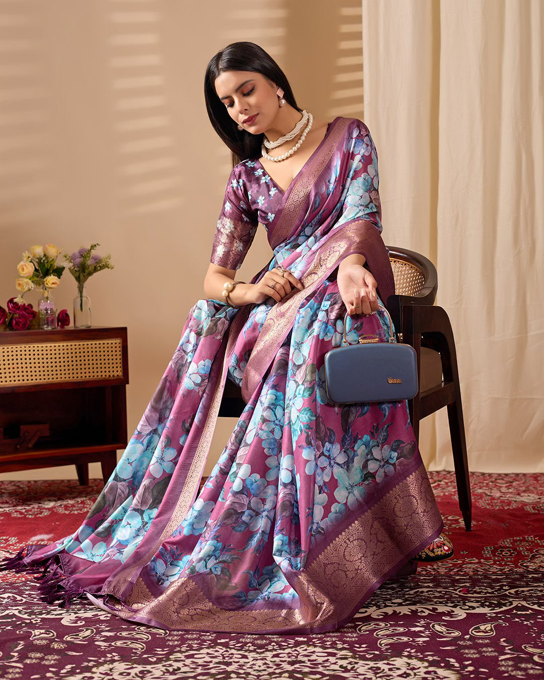 Soft Lichi Silk Saree Beautifully Enhanced With Large Blooming Floral Prints
