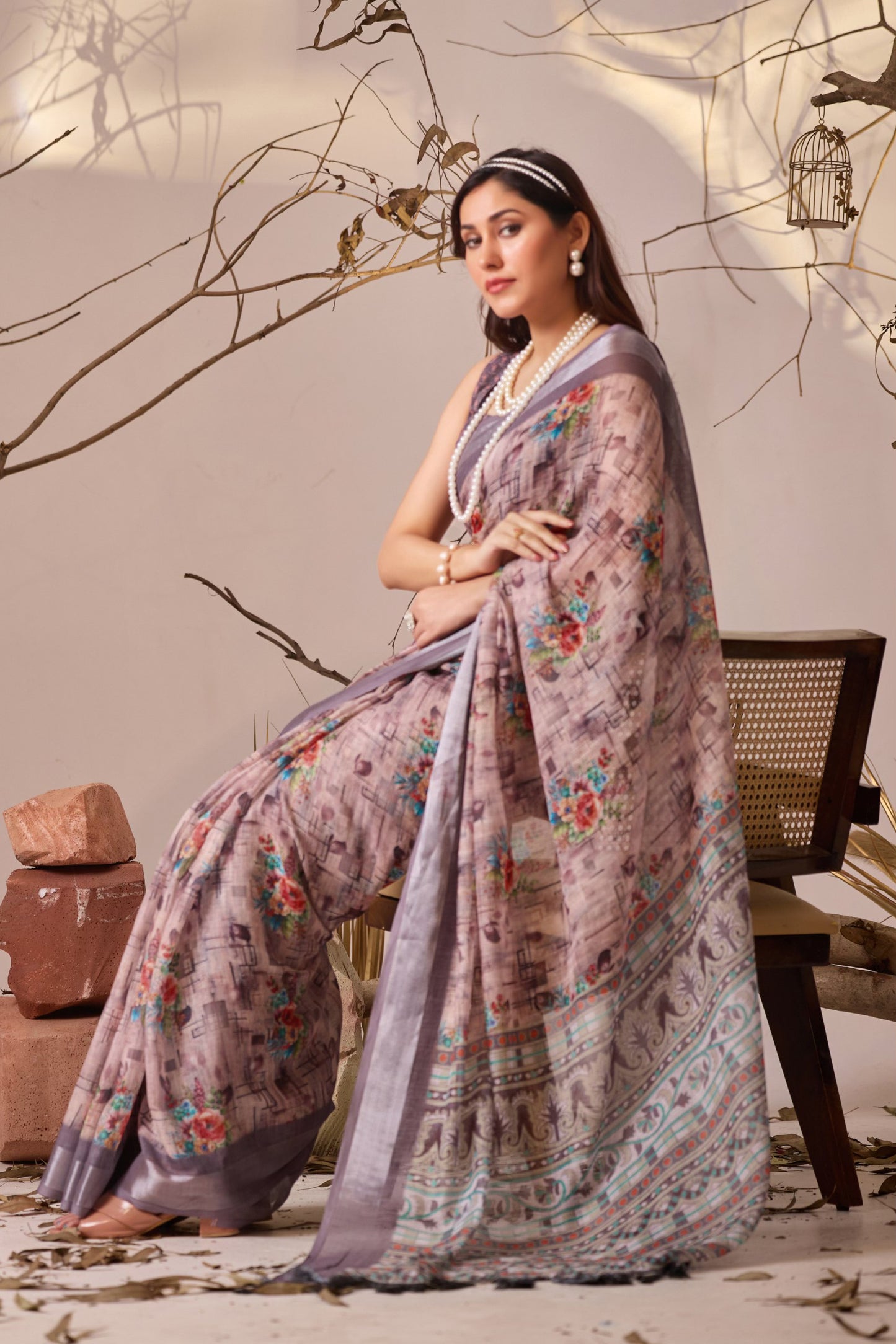 Elegant Digital Floral & Geometric Print Premium Linen Cotton Saree