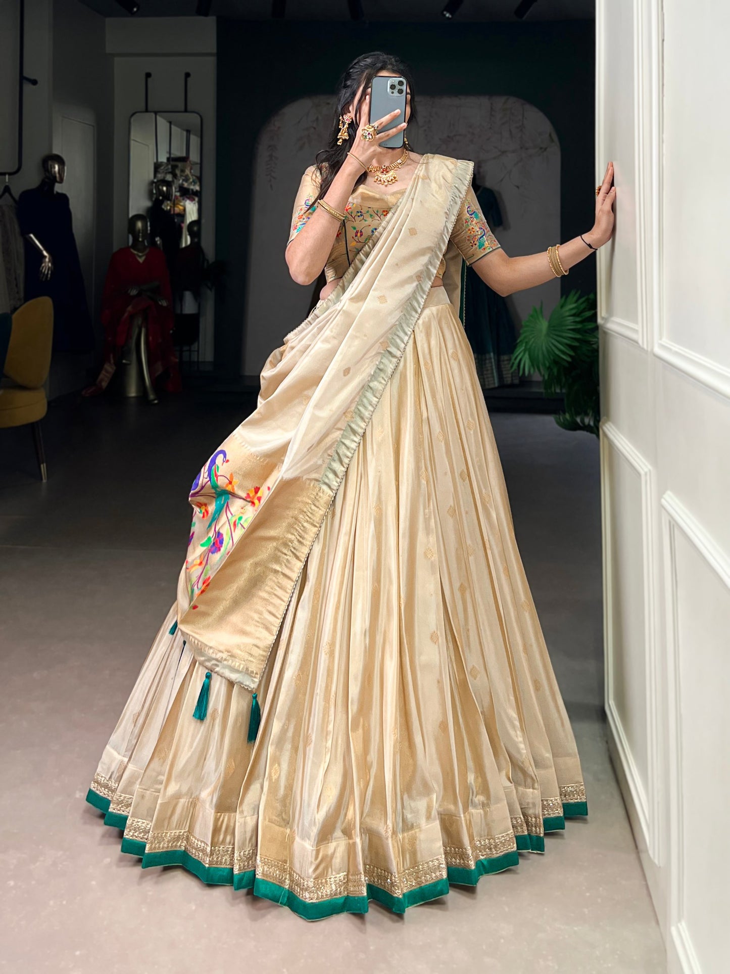 Ivory Shimmer Lehenga Choli With Paithani Zari Weave Work