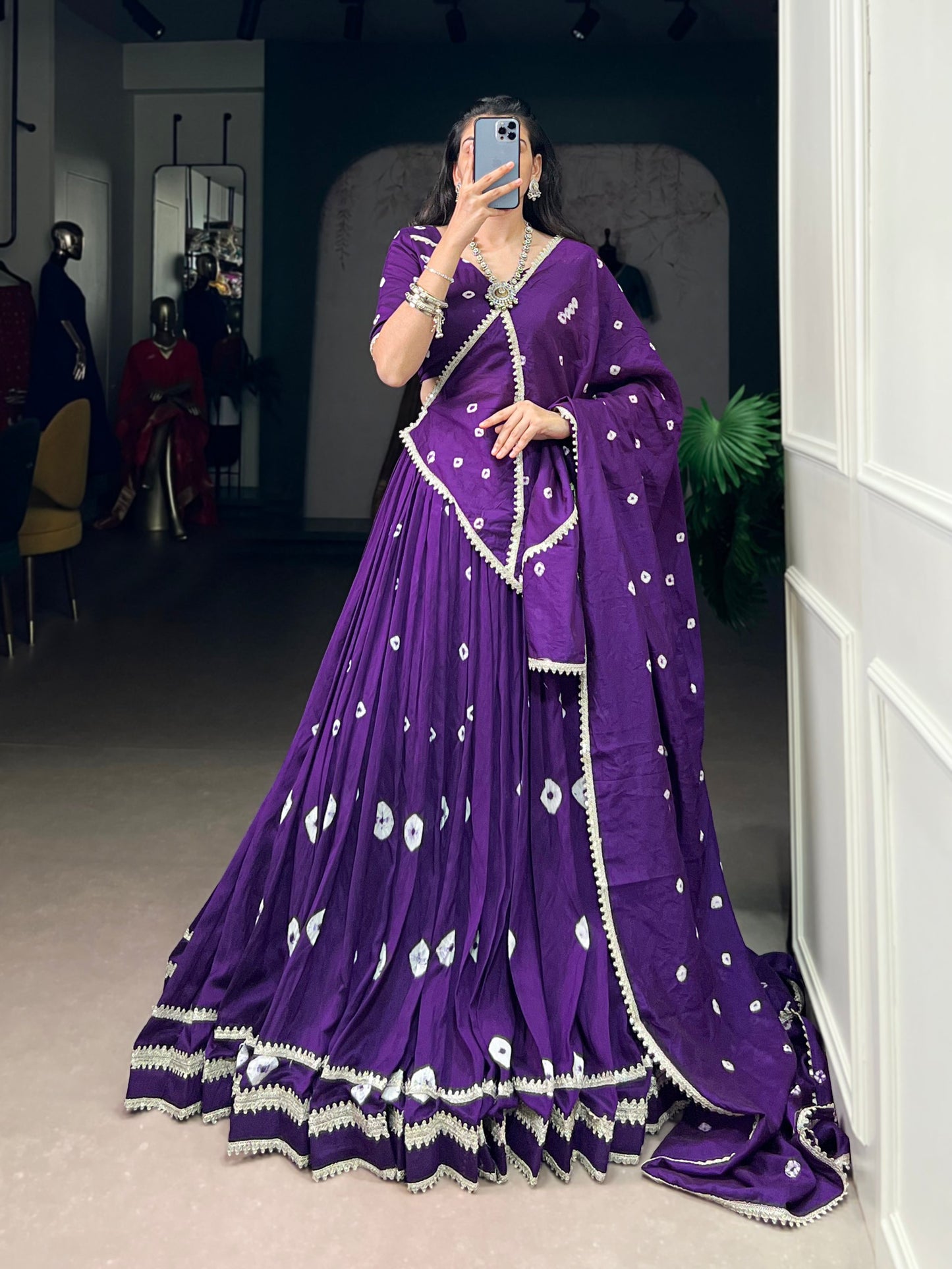 Purple Pure Chanderi Bandhej Print Lehenga Choli