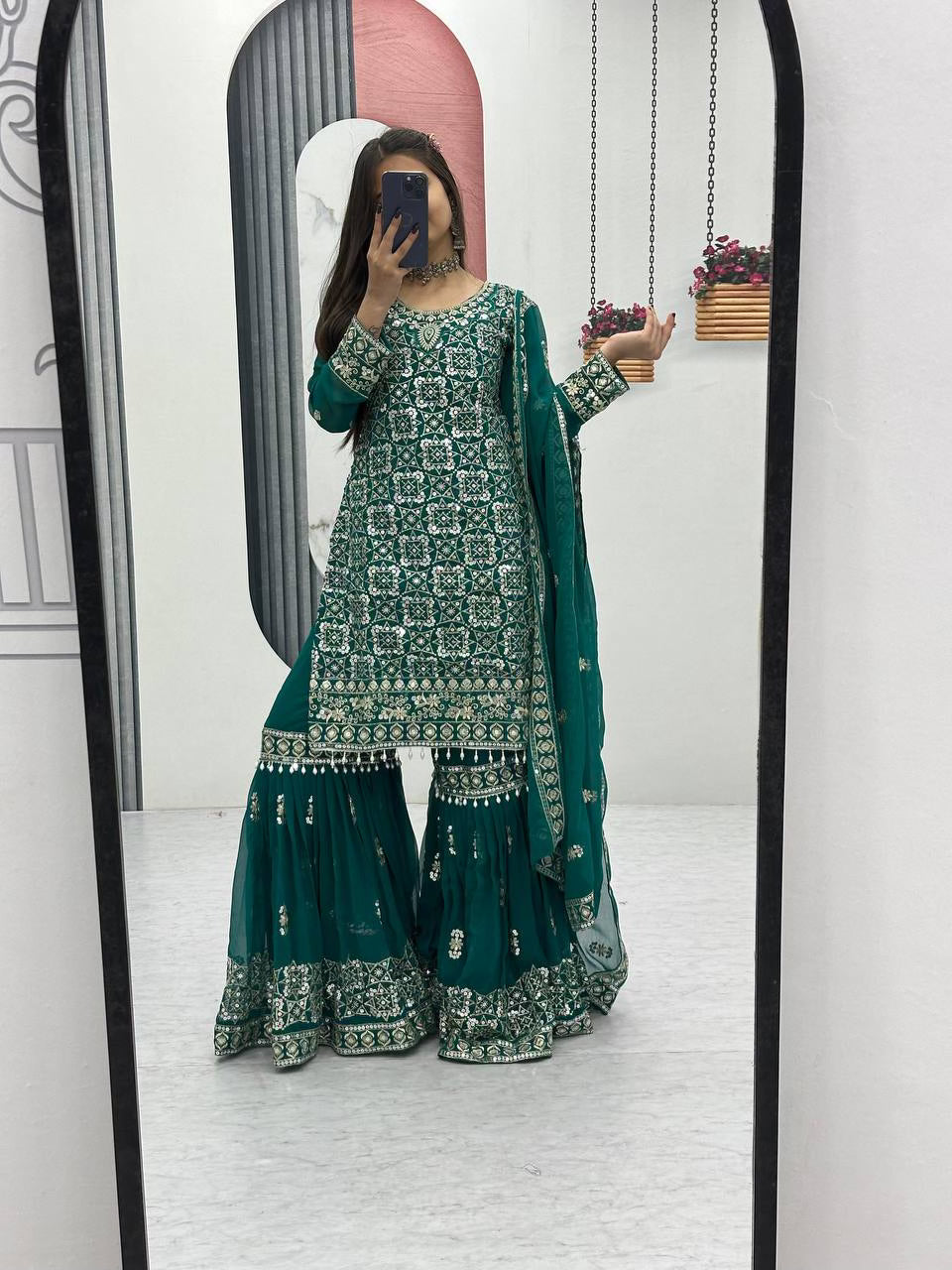 Aqua Green Designer Party Wear Tunic Sharara & Dupatta Set