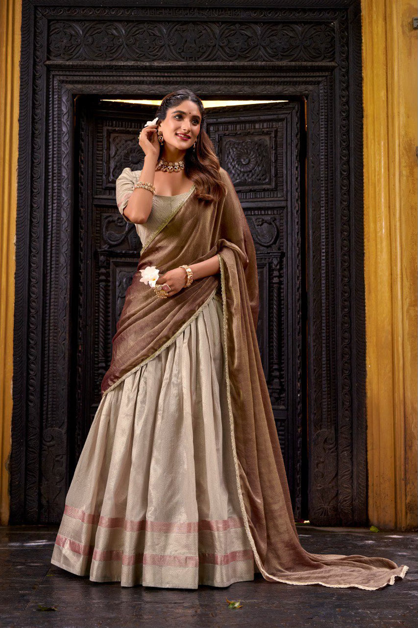 Beige-Brown Silk Zari Weaving Work Lehenga Choli