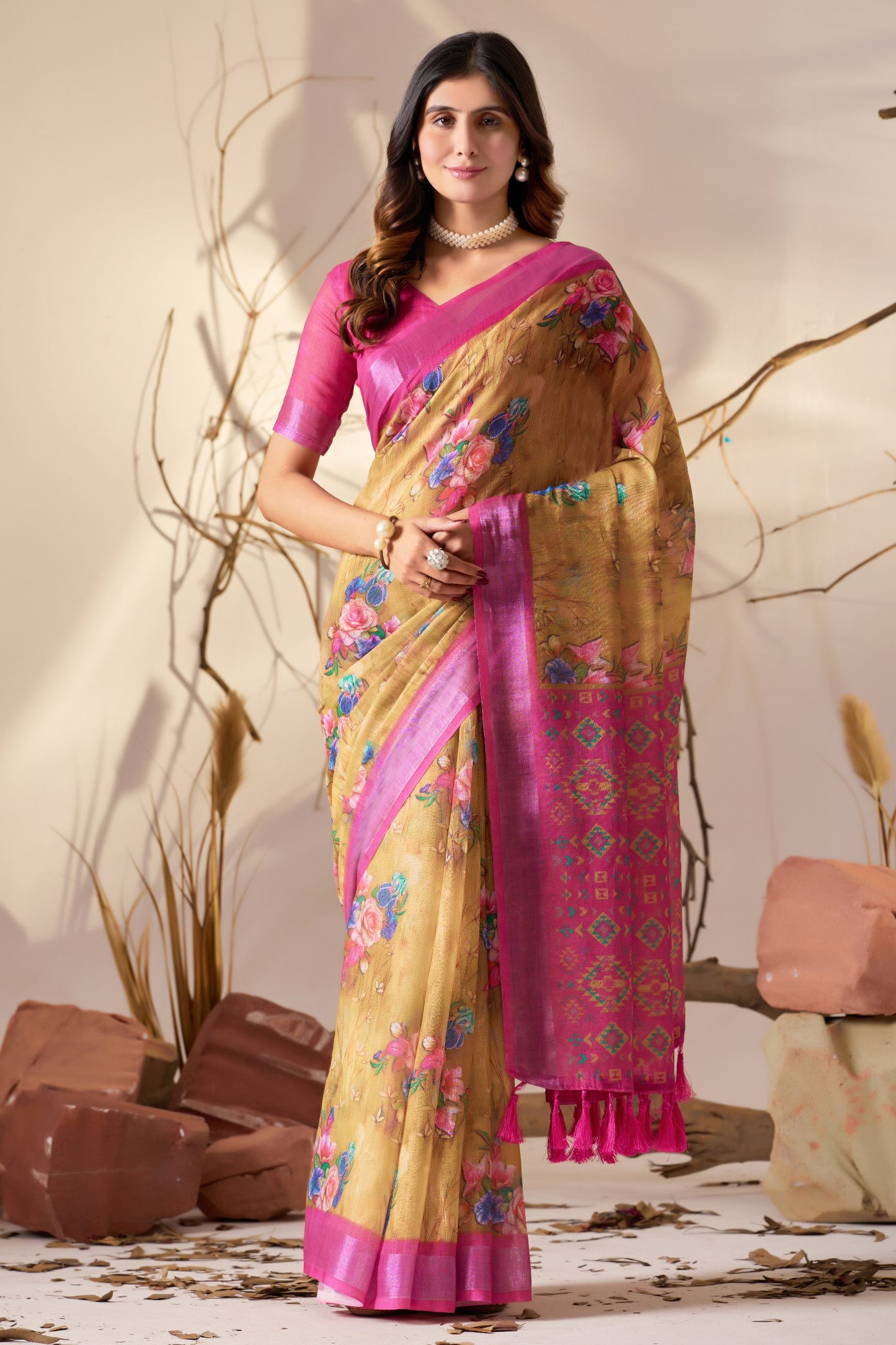 Graceful Digital Floral Print & Rich Patola Inspired Premium Linen Cotton Saree