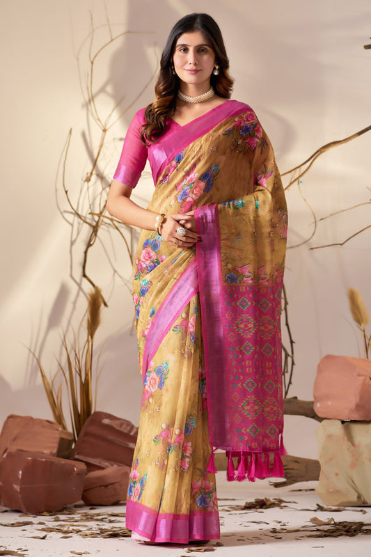 Graceful Digital Floral Print & Rich Patola Inspired Premium Linen Cotton Saree