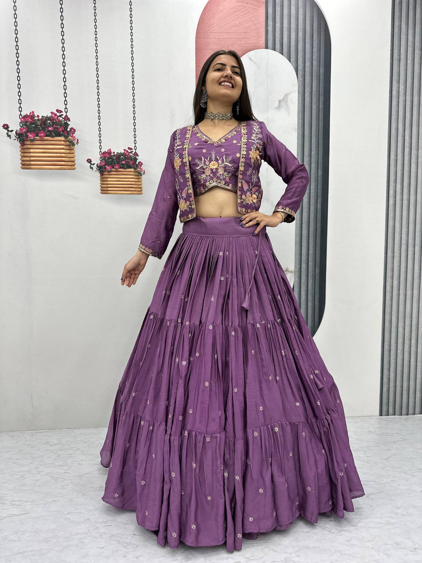 Purple Embroidered Lehenga choli with Jacket