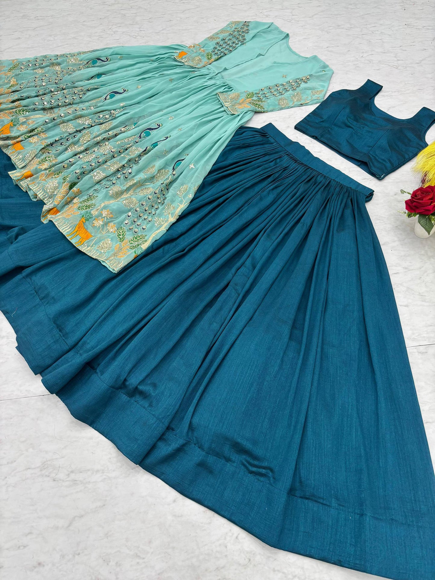 Silk Lehenga with a Crop Top and Shrug