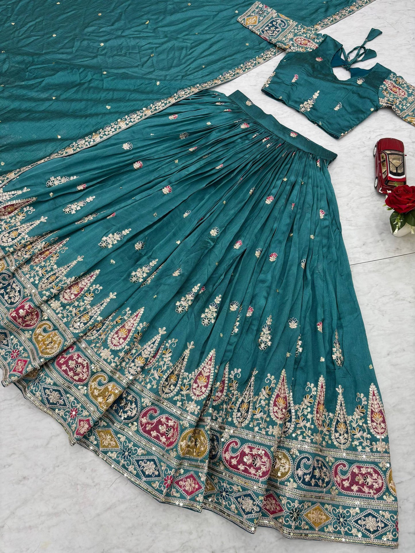 Festive Turquoise Silk Lehenga Choli with Dupatta