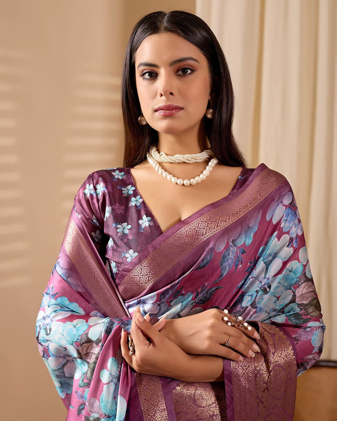 Soft Lichi Silk Saree Beautifully Enhanced With Large Blooming Floral Prints