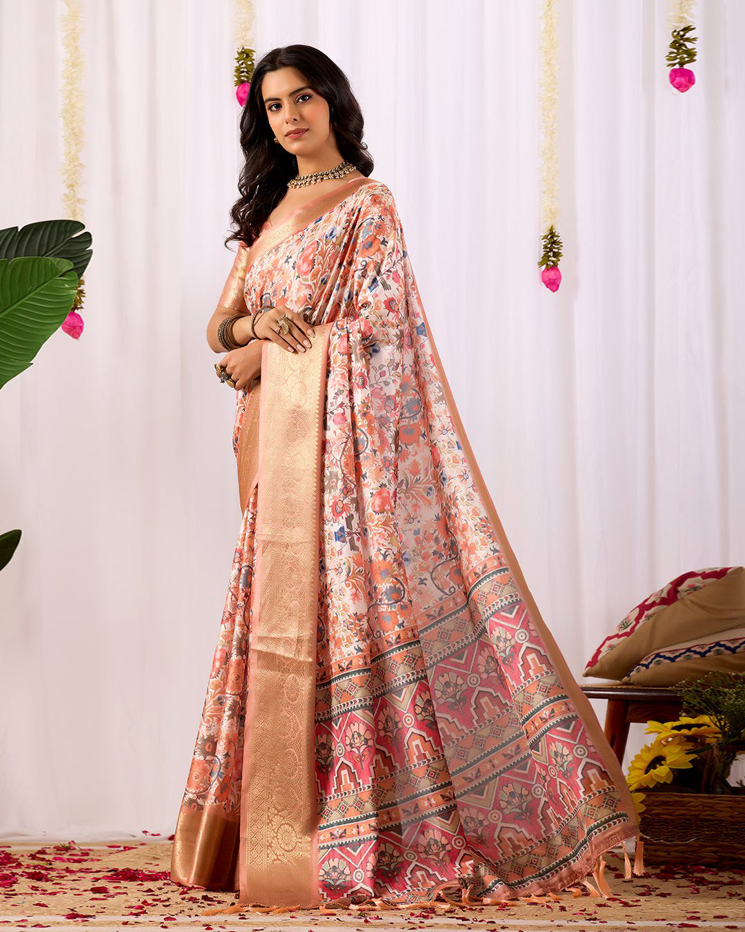 Premium Beige Floral Soft Silk Saree