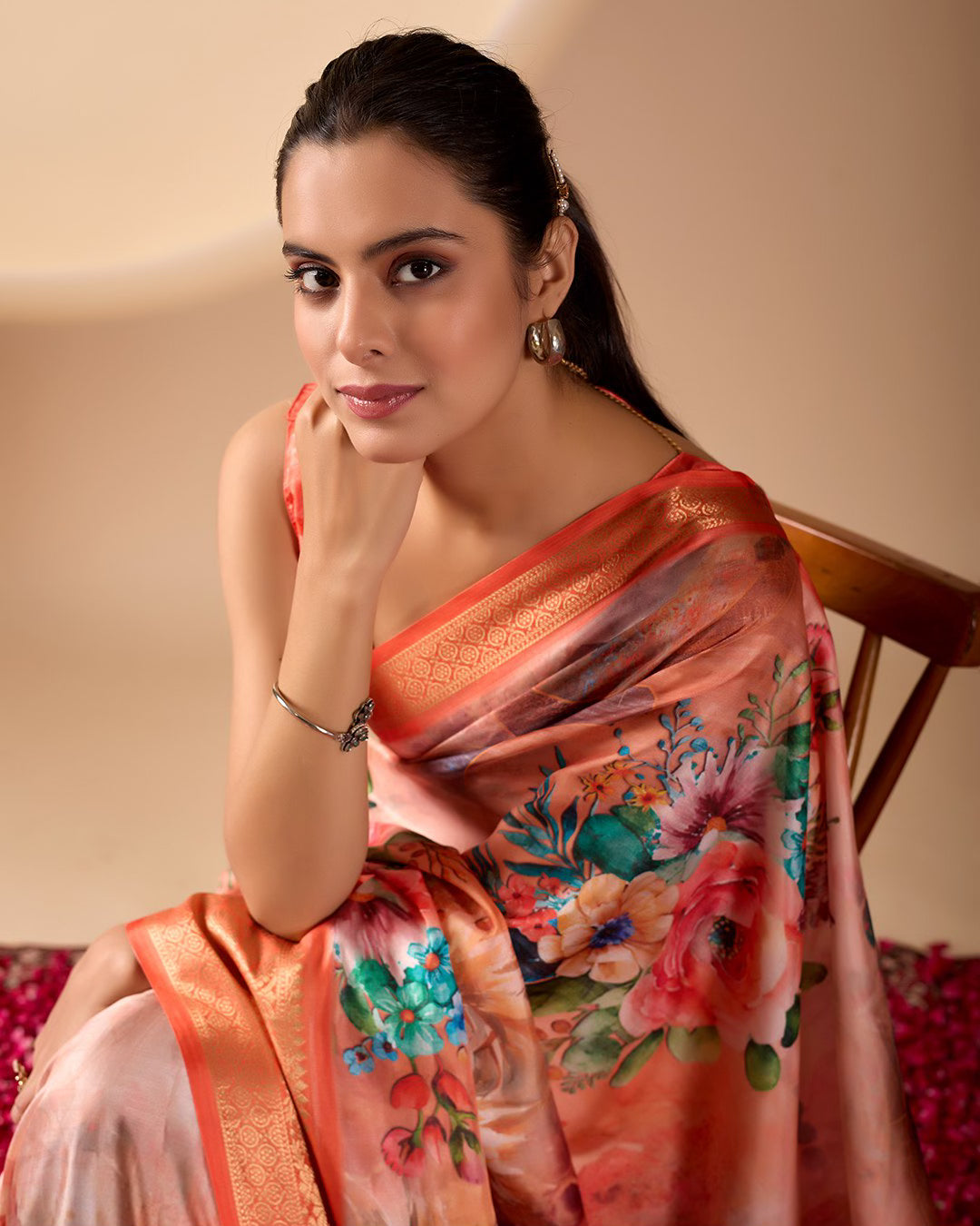 Soft Lichi Silk Saree Adorned With Elegant Floral Patterns