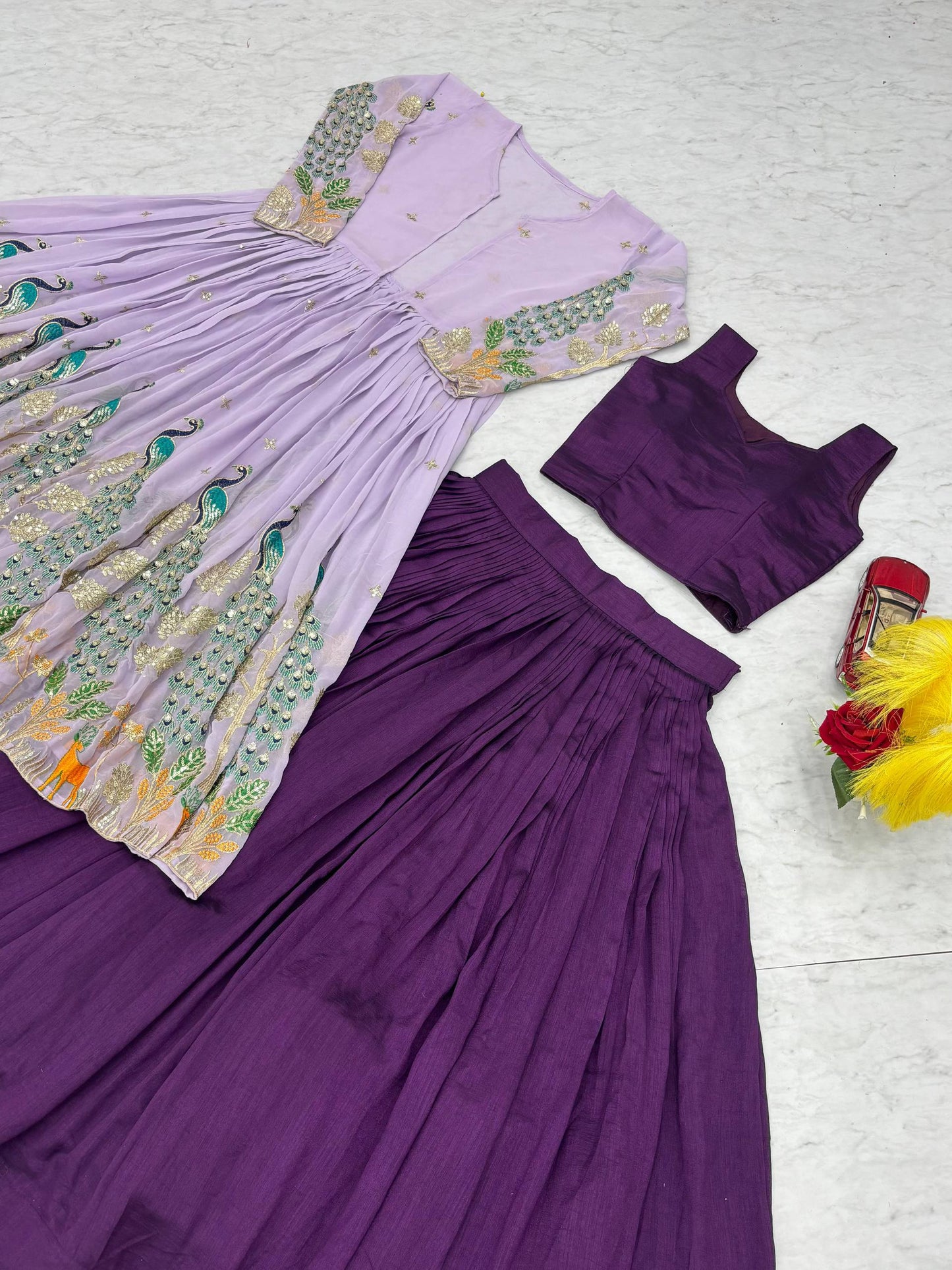 Peacock Embroidered Silk Crop Top with Shrug Lehenga Set